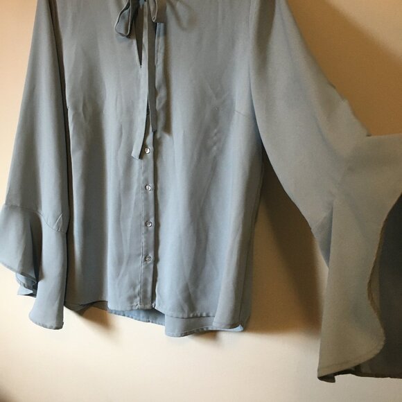Pale Periwinkle Blue Bow Collar Bell Sleeve Button Down Evelina Blouse - Picture 6 of 16